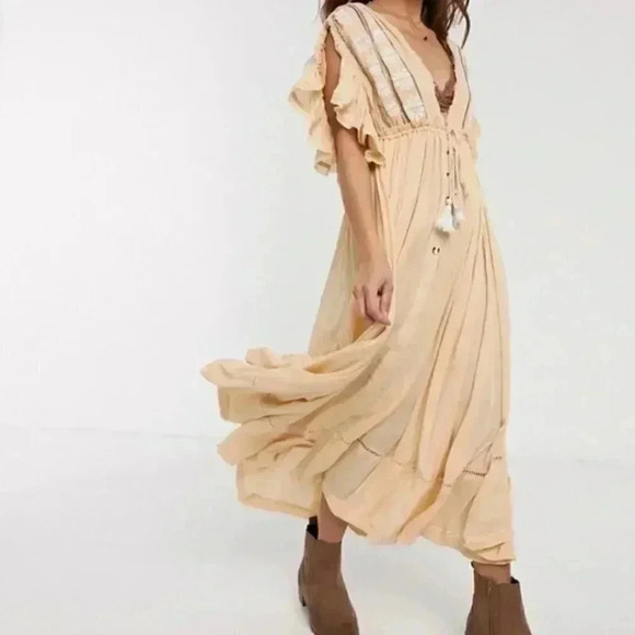 Free People Embroidered Tassel V-Neck Midi Dress Ruffle Sleeve Yellow Size S - Picture 2 of 10